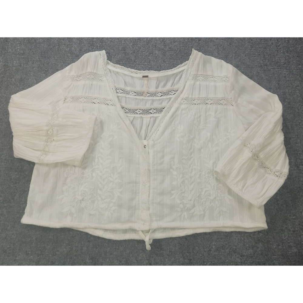 Free People White Embroidered Lace Trim Gauze Blouse Top Large Boho Snap Front